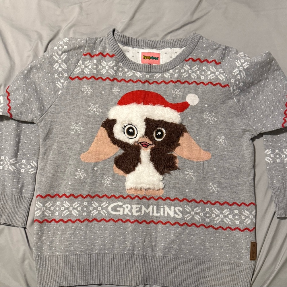 Tipsy Elves Gray Gremlins Sweater with Red and White Accents